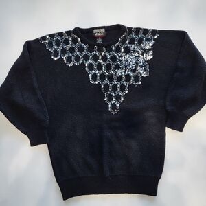Vintage 90s Sequin Embellished Sweater Black Glam Statement Top
